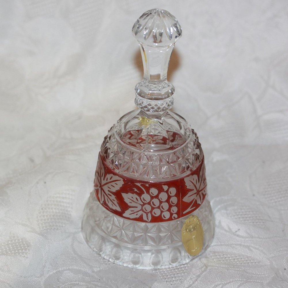 Vtg K & M Ruby Red Flashed Grapes & Leaves Glass Bell Original Sticker